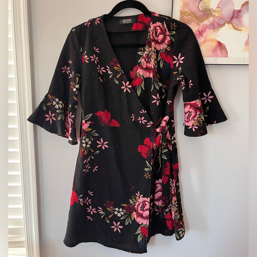 South Moon Under black floral wrap dress with bell half sleeves